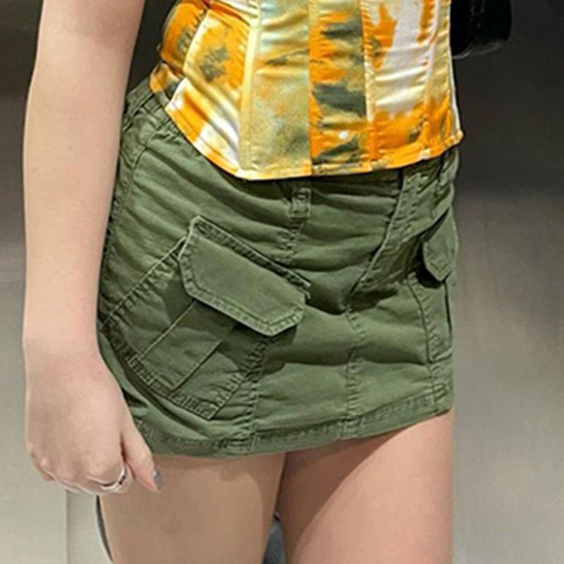 Green A - Line Skirt - Fashion Woven Skirt with Pockets - AmiraMart