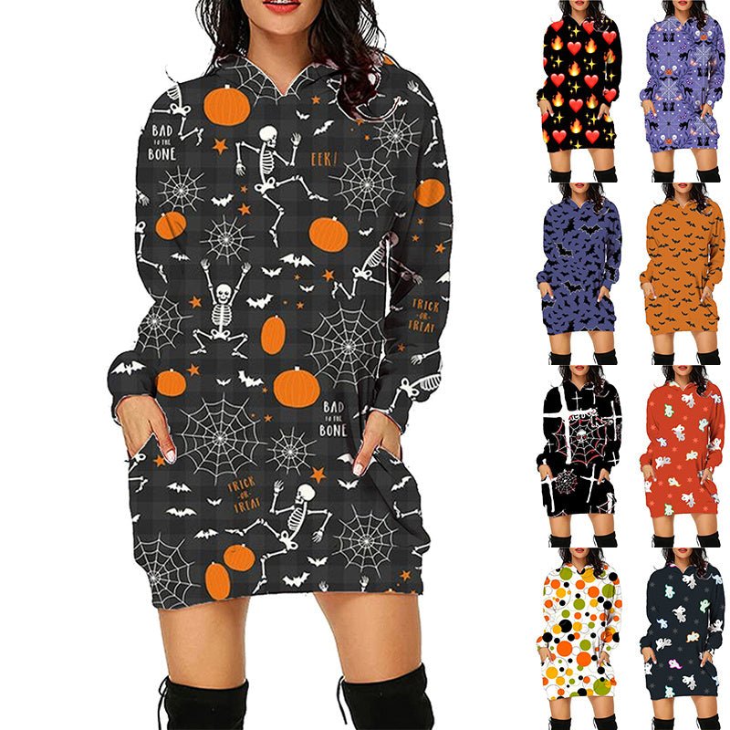 Halloween Print Long Hoodie With Pockets - AmiraMart