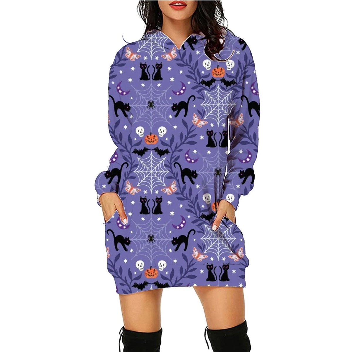 Halloween Print Long Hoodie With Pockets - AmiraMart