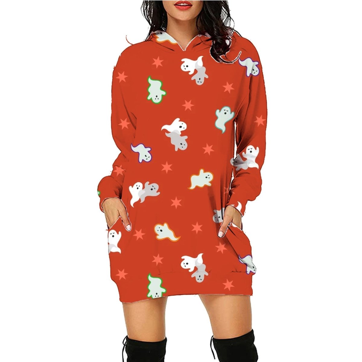 Halloween Print Long Hoodie With Pockets - AmiraMart