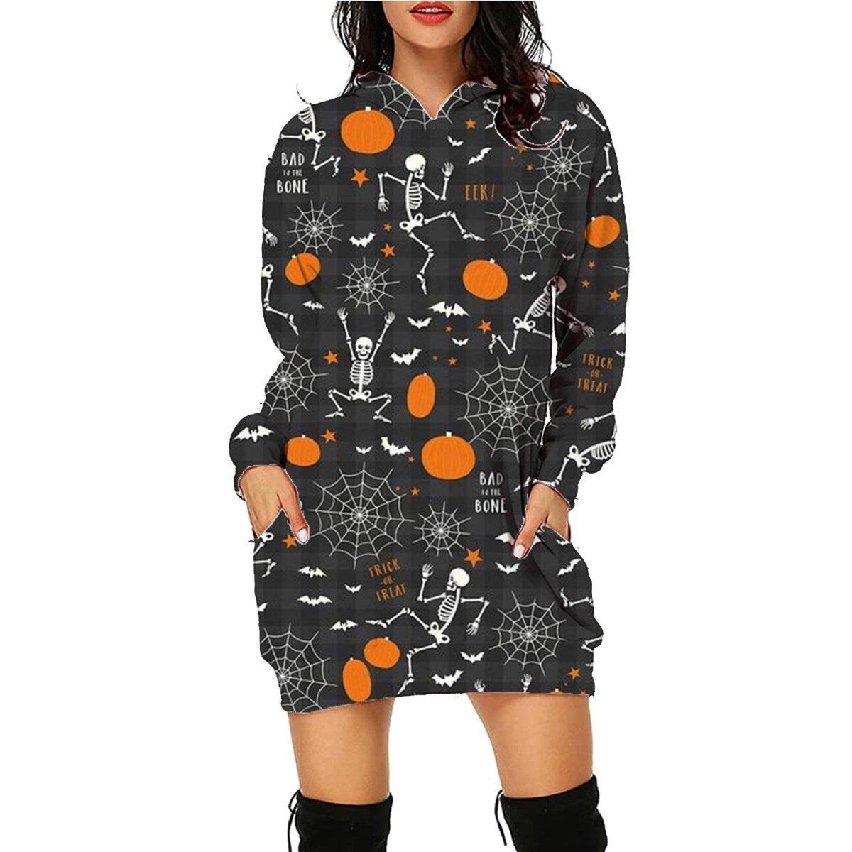 Halloween Print Long Hoodie With Pockets - AmiraMart