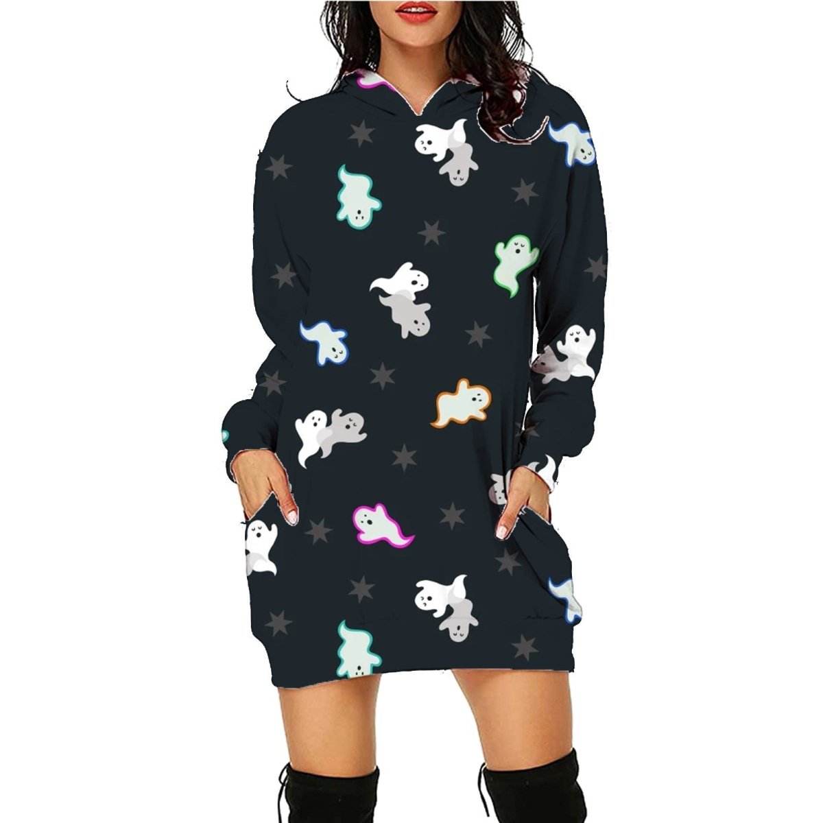 Halloween Print Long Hoodie With Pockets - AmiraMart