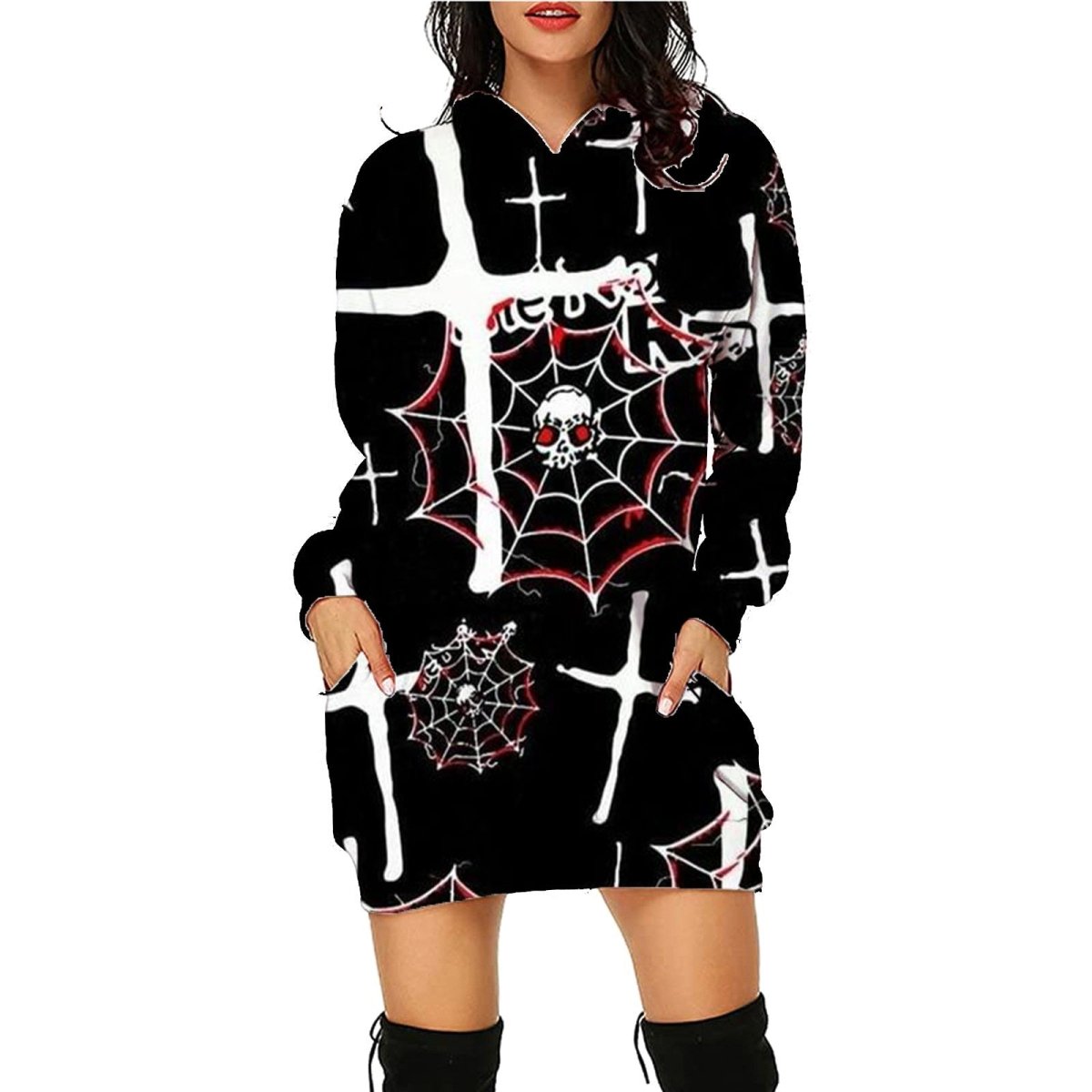 Halloween Print Long Hoodie With Pockets - AmiraMart