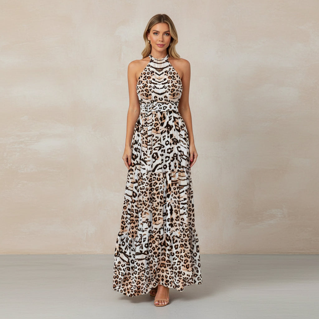 Halterneck Strap Bohemian Digital Print Long Dress - AmiraMart