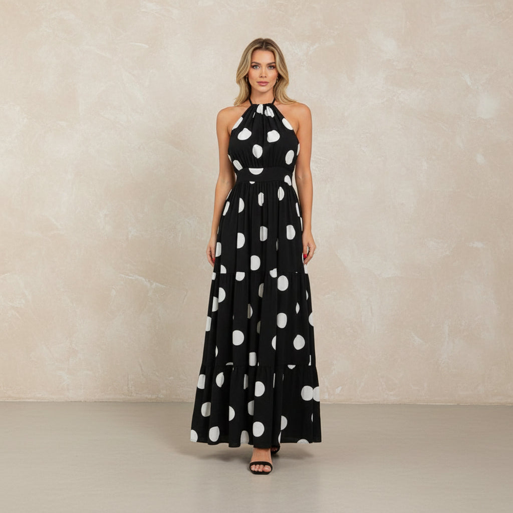 Halterneck Strap Bohemian Digital Print Long Dress - AmiraMart
