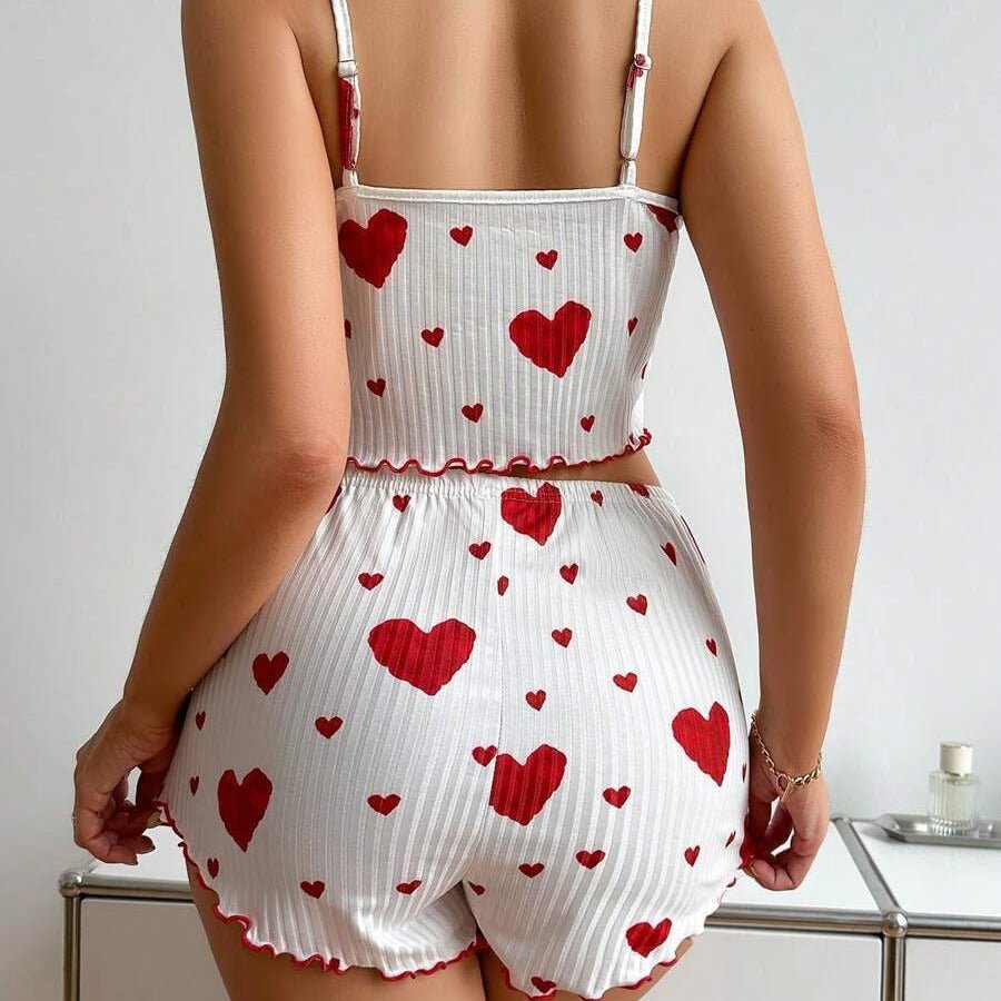 Heart Print Suspender Shorts Pajama Set - AmiraMart