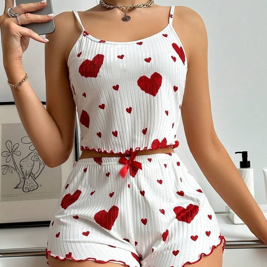 Heart Print Suspender Shorts Pajama Set - AmiraMart