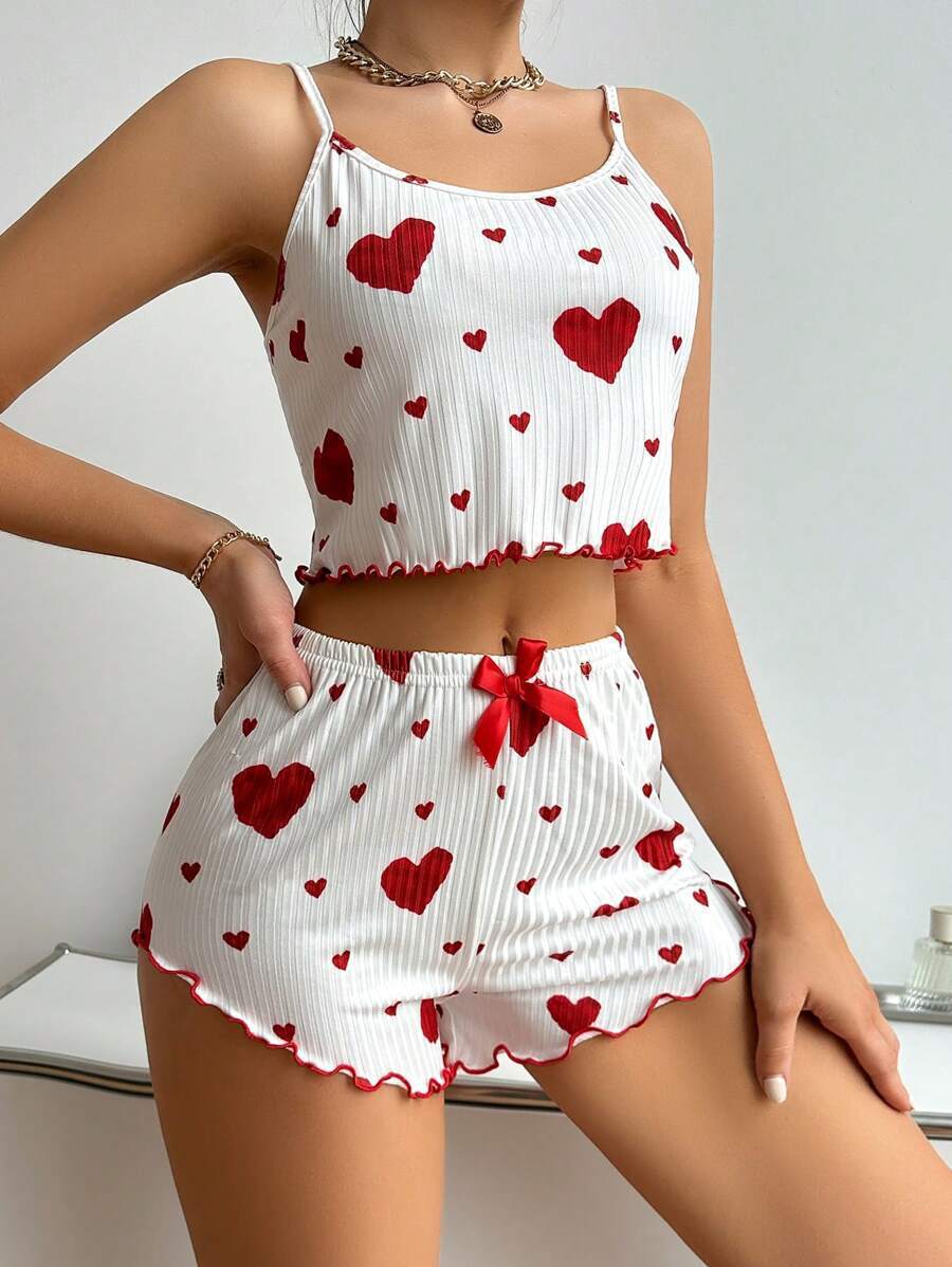 Heart Print Suspender Shorts Pajama Set - AmiraMart