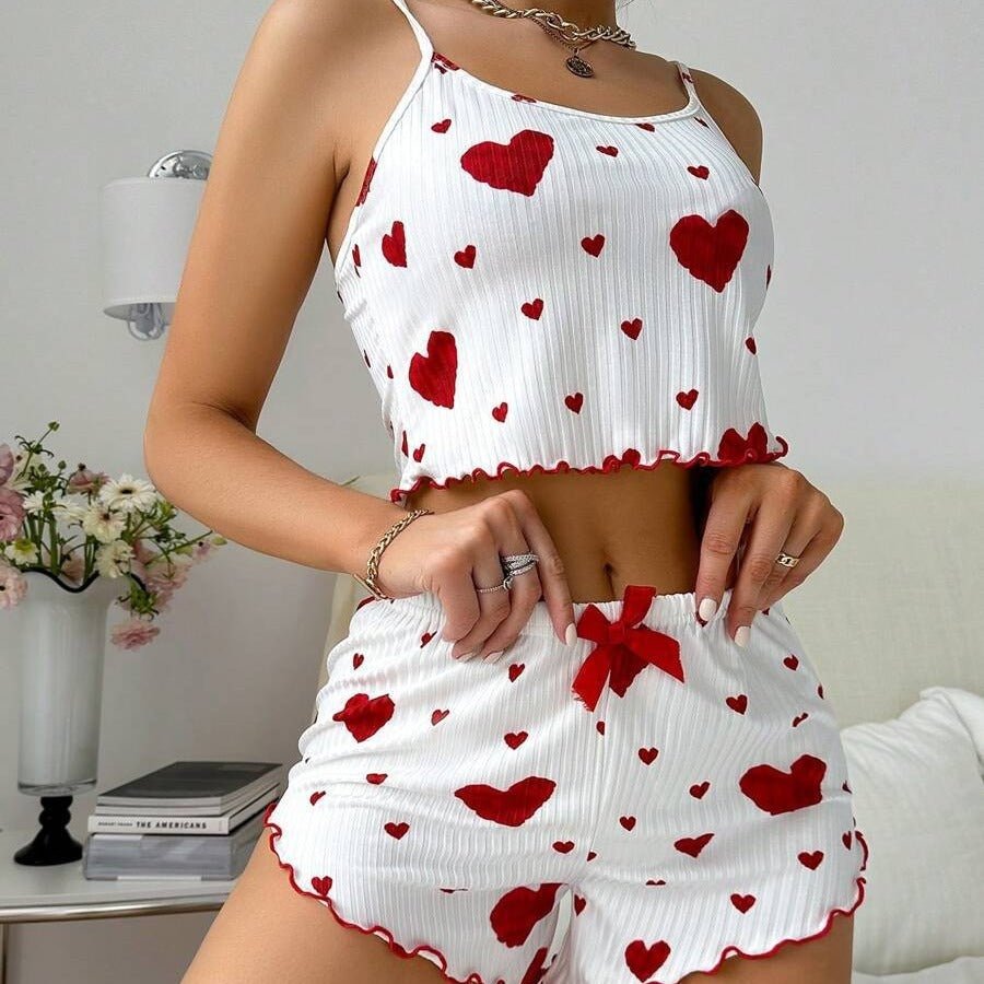 Heart Print Suspender Shorts Pajama Set - AmiraMart