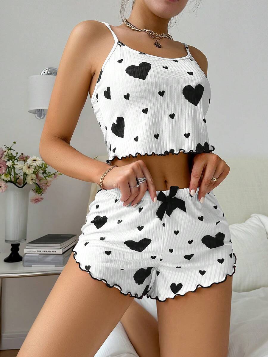 Heart Print Suspender Shorts Pajama Set - AmiraMart