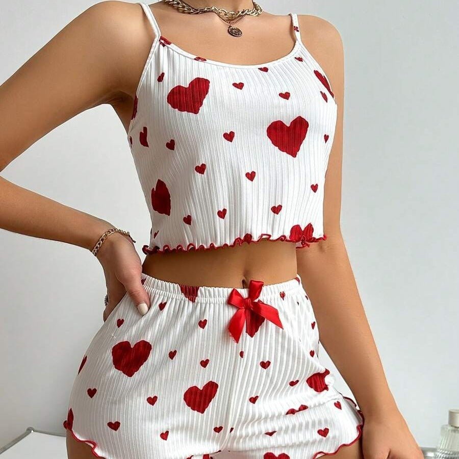 Heart Print Suspender Shorts Pajama Set - AmiraMart