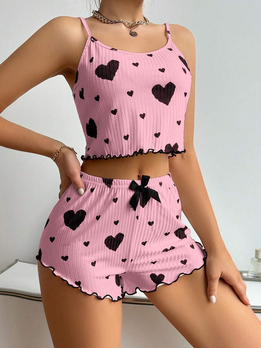 Heart Print Suspender Shorts Pajama Set - AmiraMart