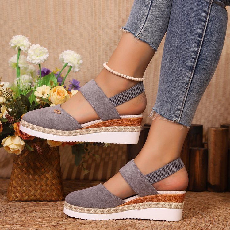 Hemp Rope Wedges Sandals Summer Lightweight Braided Closed Toe Elastic Band Shoes For Women - AmiraMart