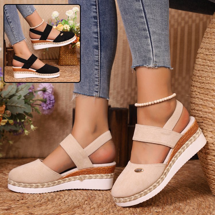 Hemp Rope Wedges Sandals Summer Lightweight Braided Closed Toe Elastic Band Shoes For Women - AmiraMart