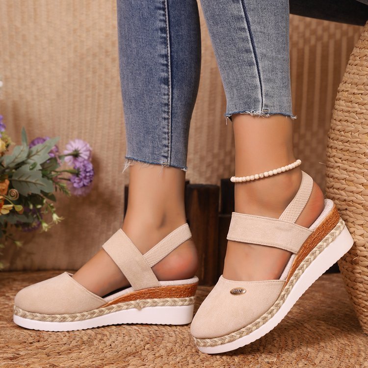 Hemp Rope Wedges Sandals Summer Lightweight Braided Closed Toe Elastic Band Shoes For Women - AmiraMart