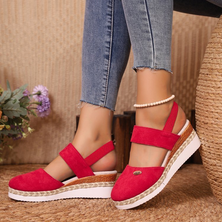 Hemp Rope Wedges Sandals Summer Lightweight Braided Closed Toe Elastic Band Shoes For Women - AmiraMart