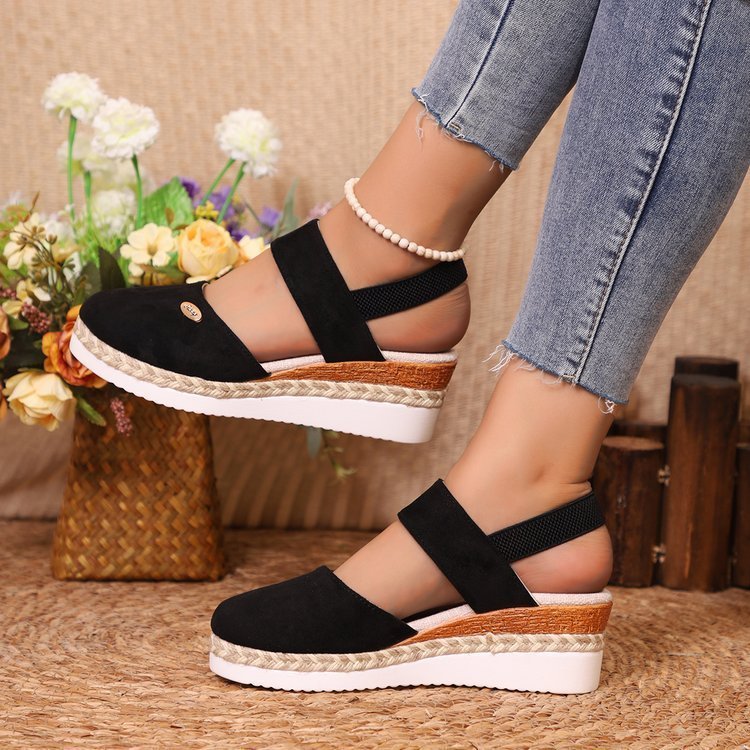 Hemp Rope Wedges Sandals Summer Lightweight Braided Closed Toe Elastic Band Shoes For Women - AmiraMart