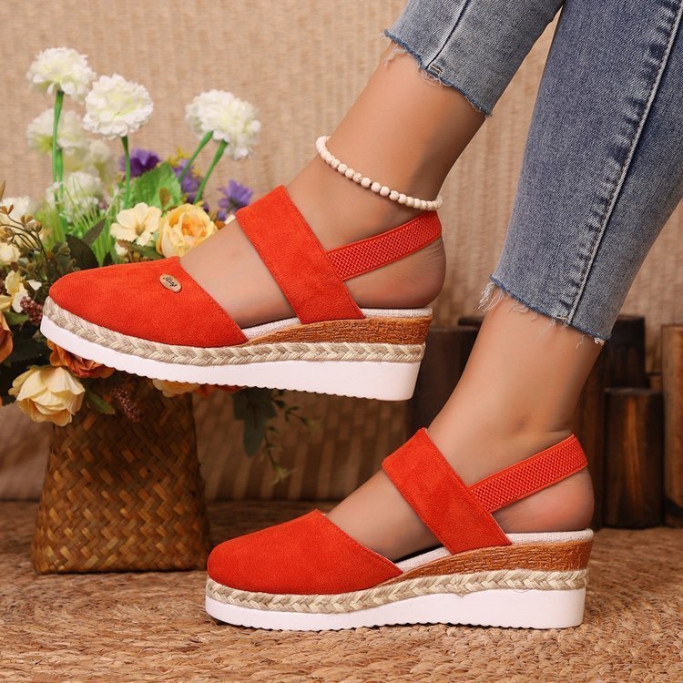 Hemp Rope Wedges Sandals Summer Lightweight Braided Closed Toe Elastic Band Shoes For Women - AmiraMart