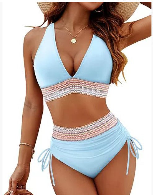 High Waist Bikini Set – Color Block & Drawstring - AmiraMart