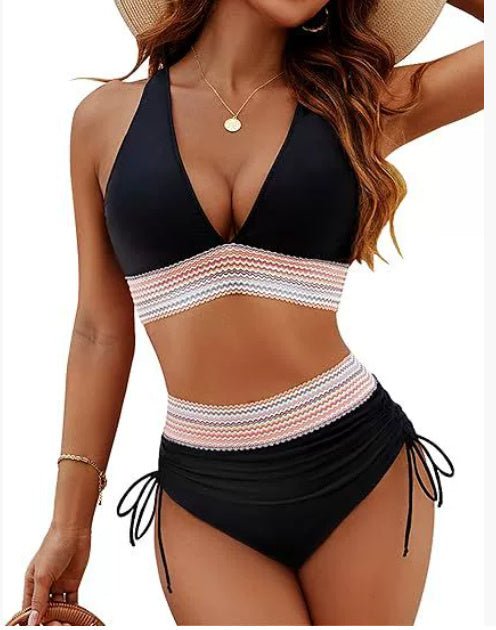 High Waist Bikini Set – Color Block & Drawstring - AmiraMart