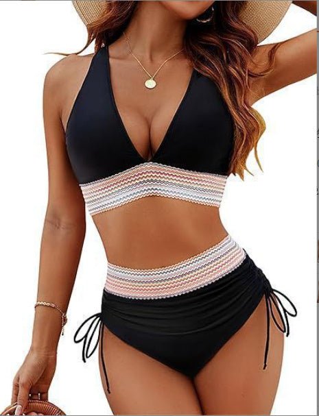High Waist Bikini Set – Color Block & Drawstring - AmiraMart