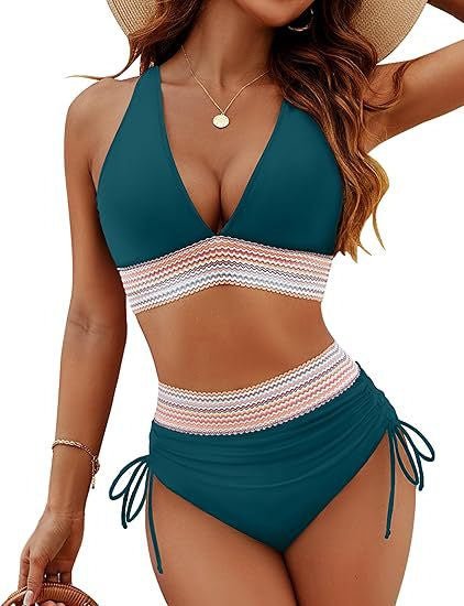 High Waist Bikini Set – Color Block & Drawstring - AmiraMart