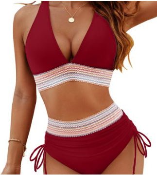 High Waist Bikini Set – Color Block & Drawstring - AmiraMart