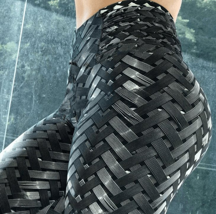 High Waist Iron Weave Print Push Up Yoga Workout Leggings - AmiraMart