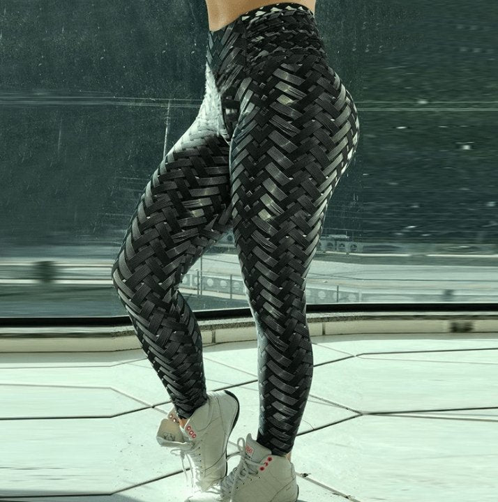High Waist Iron Weave Print Push Up Yoga Workout Leggings - AmiraMart