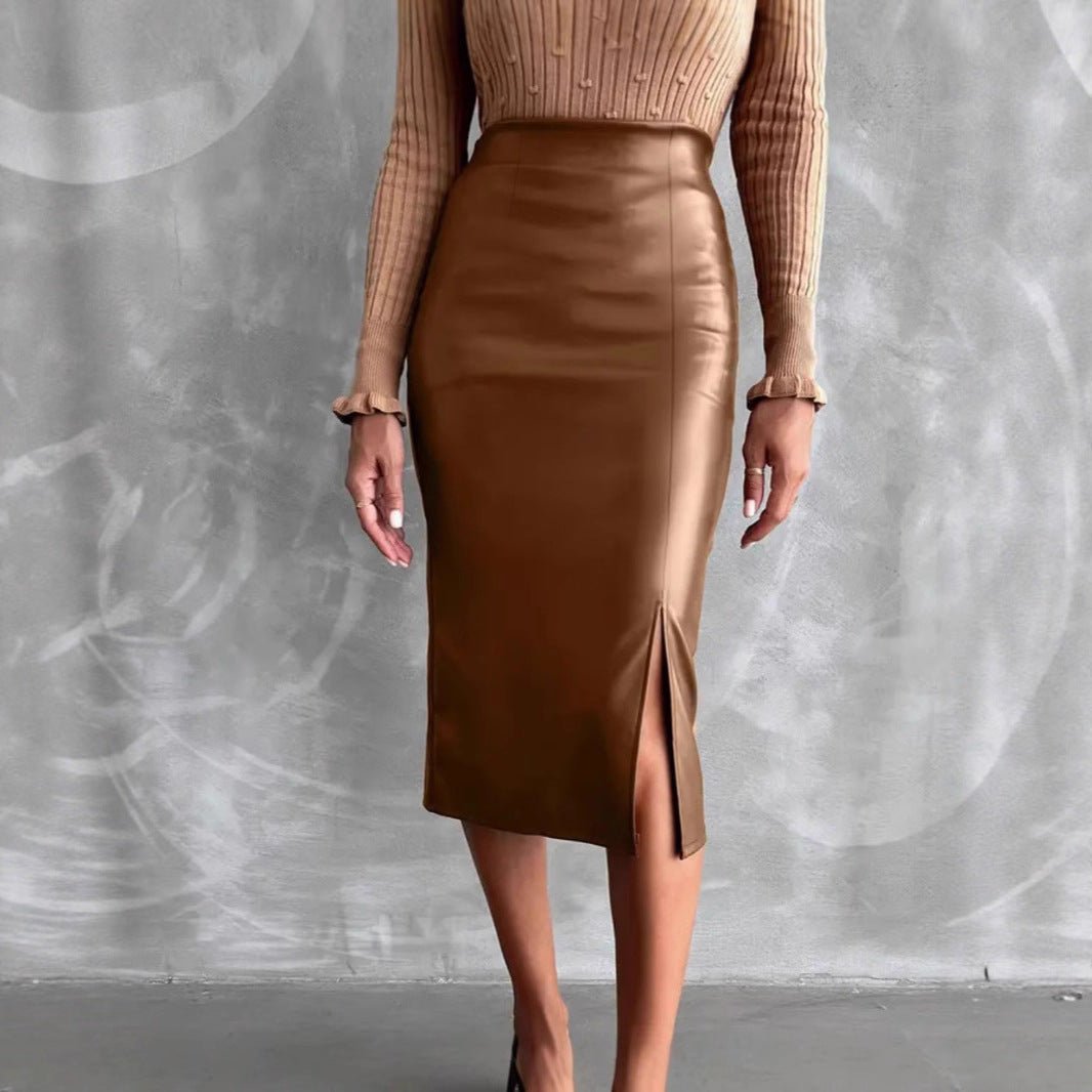 High Waist Slimming All - matching Hip Split PU Leather Skirt - AmiraMart