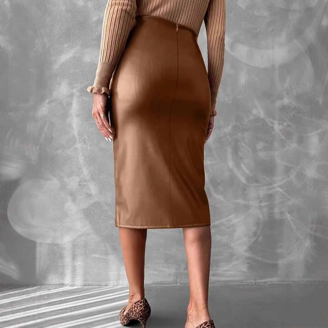 High Waist Slimming All - matching Hip Split PU Leather Skirt - AmiraMart