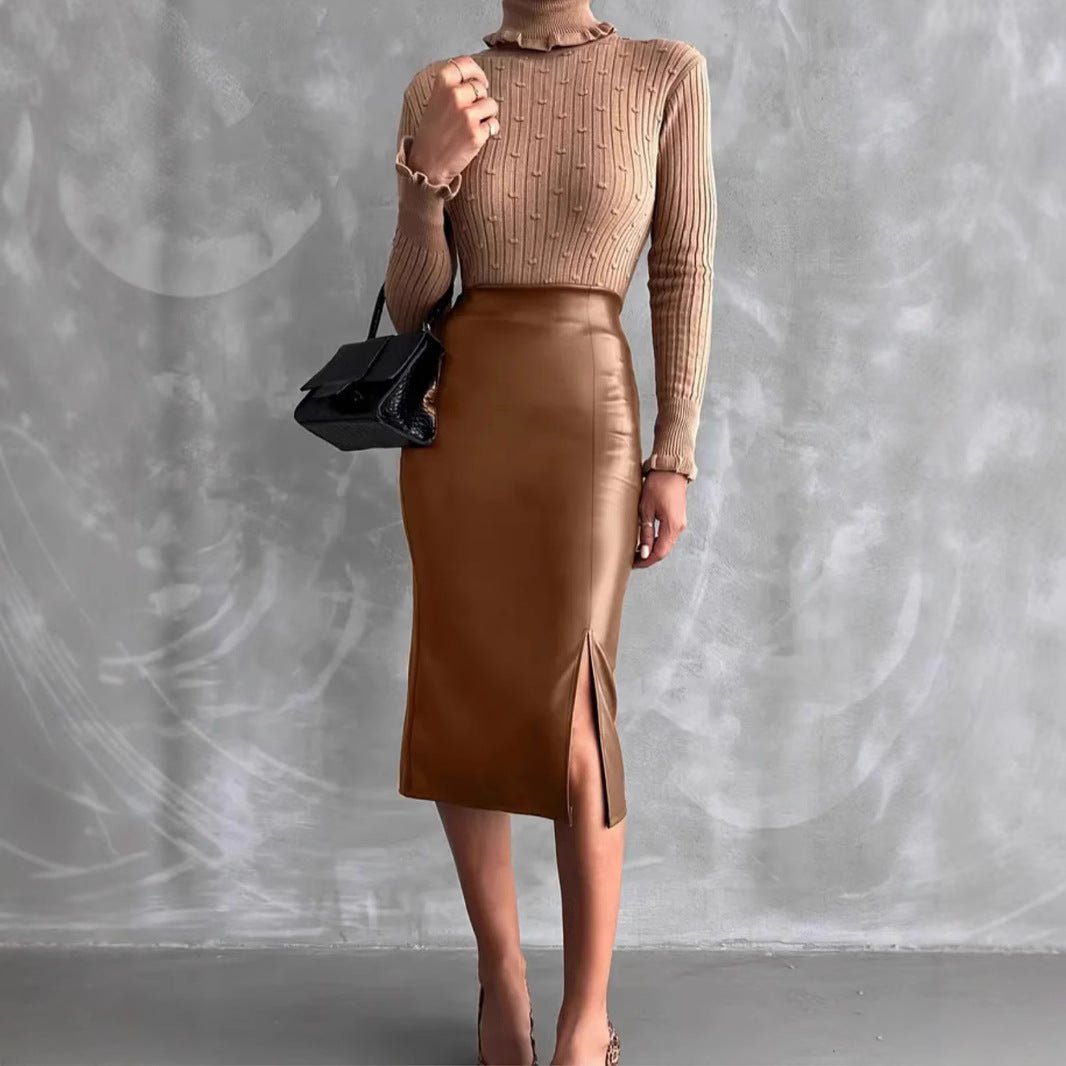 High Waist Slimming All - matching Hip Split PU Leather Skirt - AmiraMart