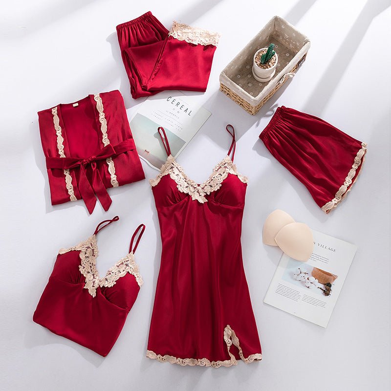 Ice Silk Five - Piece Sleeping Dress Set - AmiraMart