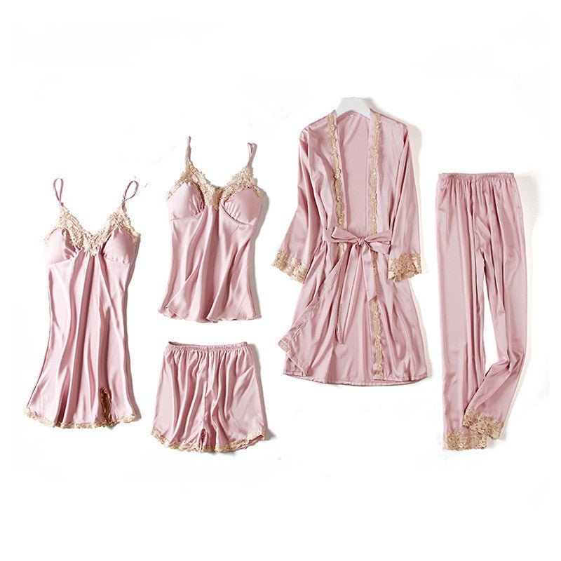 Ice Silk Five - Piece Sleeping Dress Set - AmiraMart
