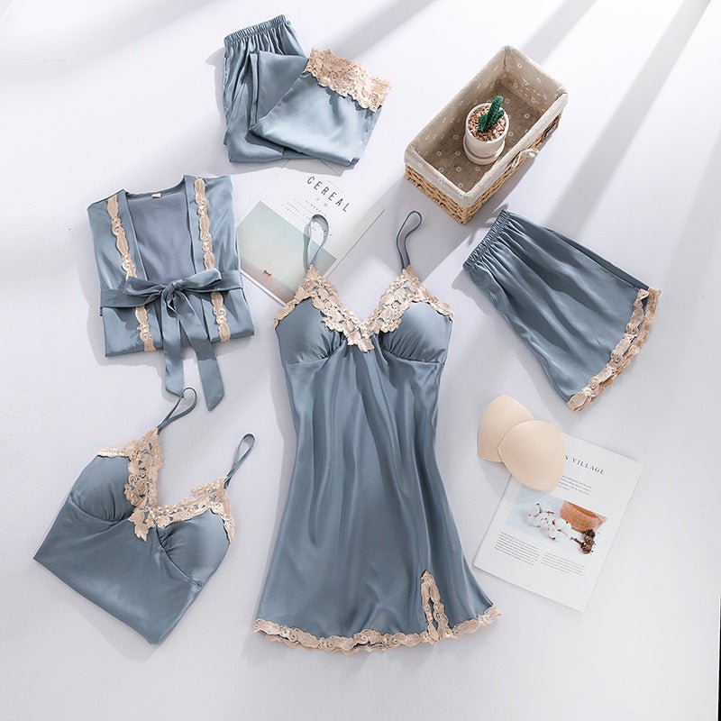 Ice Silk Five - Piece Sleeping Dress Set - AmiraMart