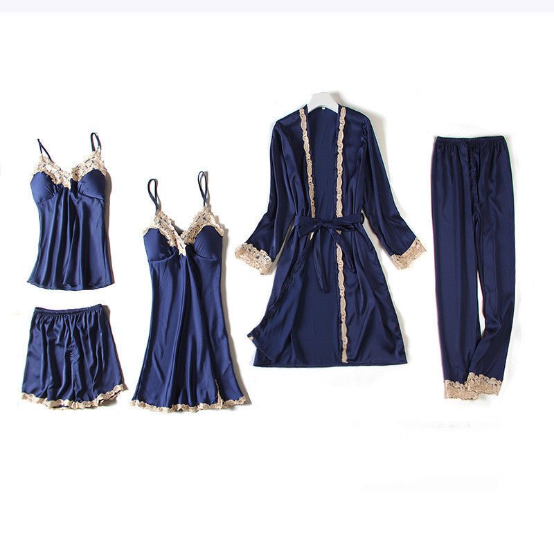 Ice Silk Five - Piece Sleeping Dress Set - AmiraMart
