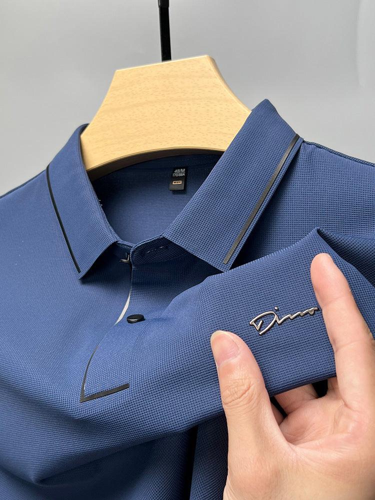 Ice Silk Short Sleeve T-shirt Men's Shirt Collar Summer Polo Shirt Loose Clothes Split - AmiraMart