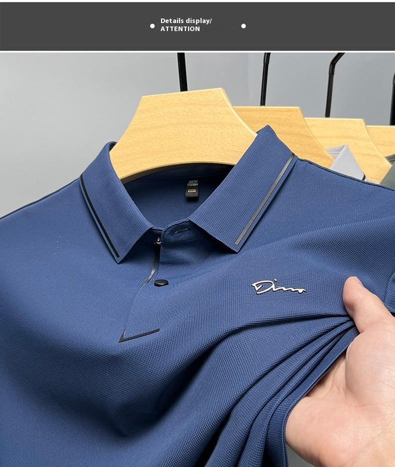 Ice Silk Short Sleeve T-shirt Men's Shirt Collar Summer Polo Shirt Loose Clothes Split - AmiraMart