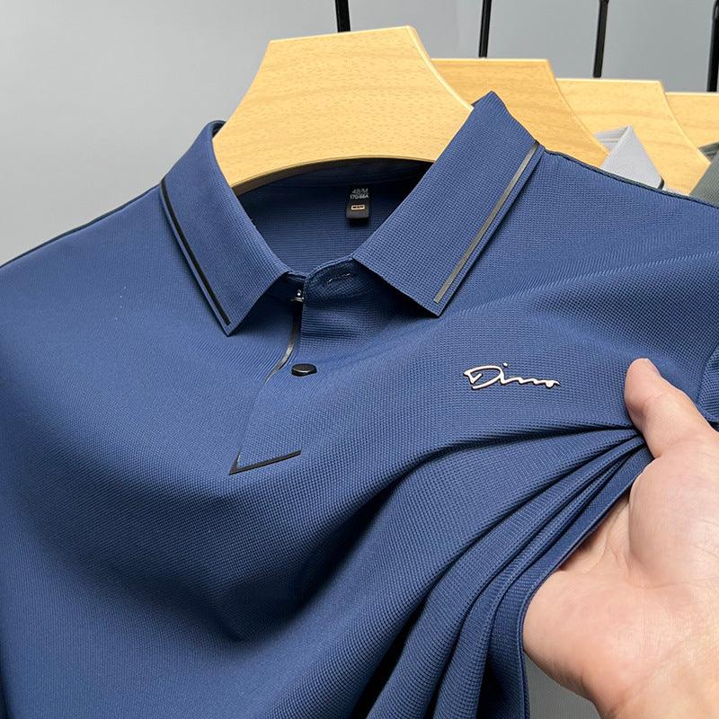 Ice Silk Short Sleeve T-shirt Men's Shirt Collar Summer Polo Shirt Loose Clothes Split - AmiraMart