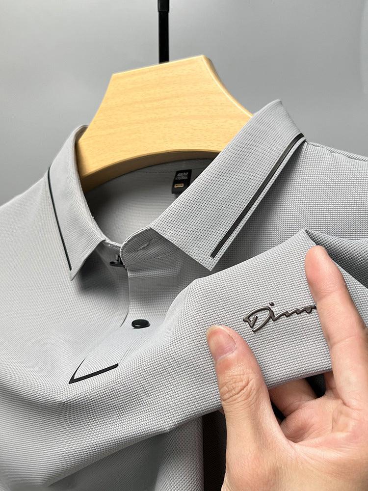 Ice Silk Short Sleeve T-shirt Men's Shirt Collar Summer Polo Shirt Loose Clothes Split - AmiraMart