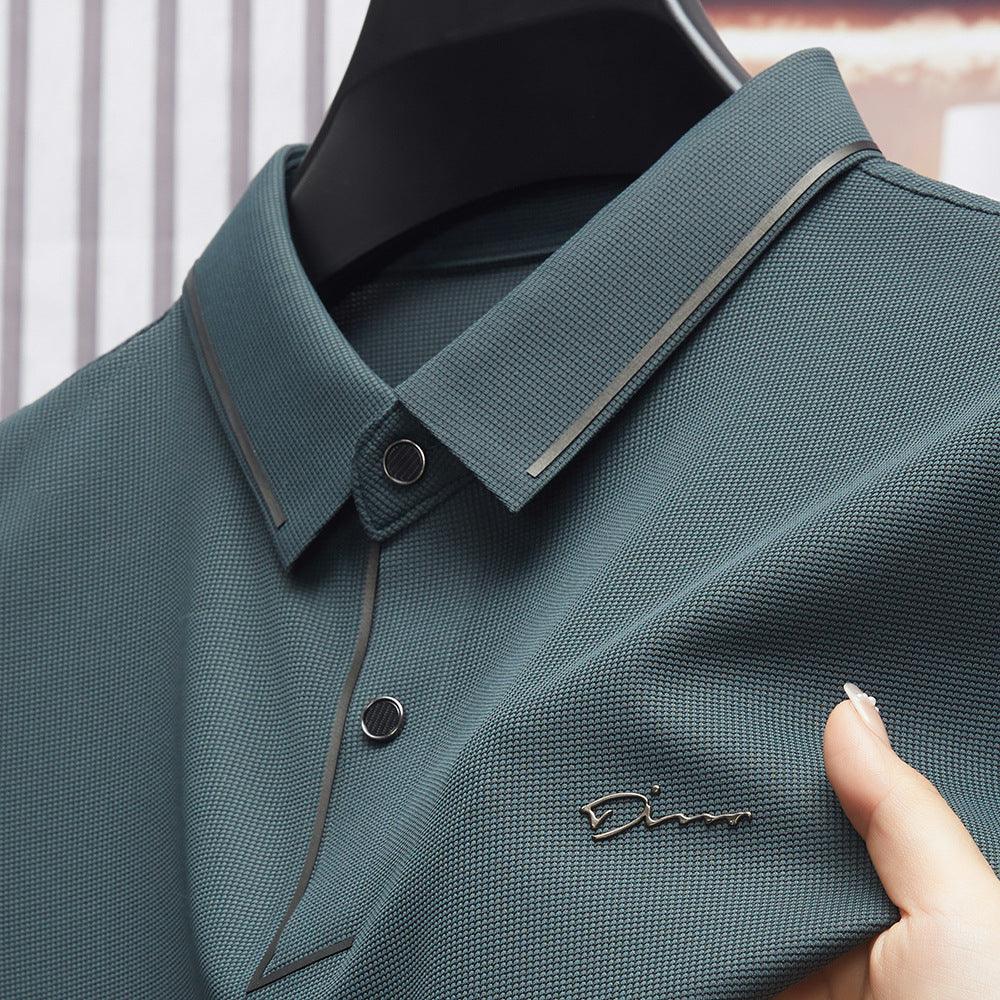 Ice Silk Short Sleeve T-shirt Men's Shirt Collar Summer Polo Shirt Loose Clothes Split - AmiraMart