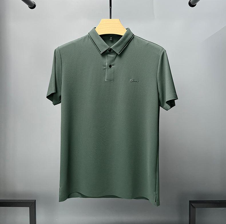Ice Silk Short Sleeve T-shirt Men's Shirt Collar Summer Polo Shirt Loose Clothes Split - AmiraMart