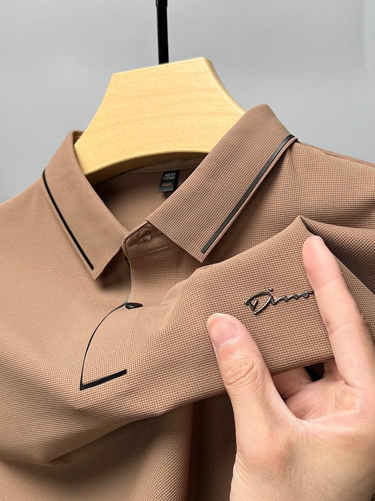 Ice Silk Short Sleeve T-shirt Men's Shirt Collar Summer Polo Shirt Loose Clothes Split - AmiraMart