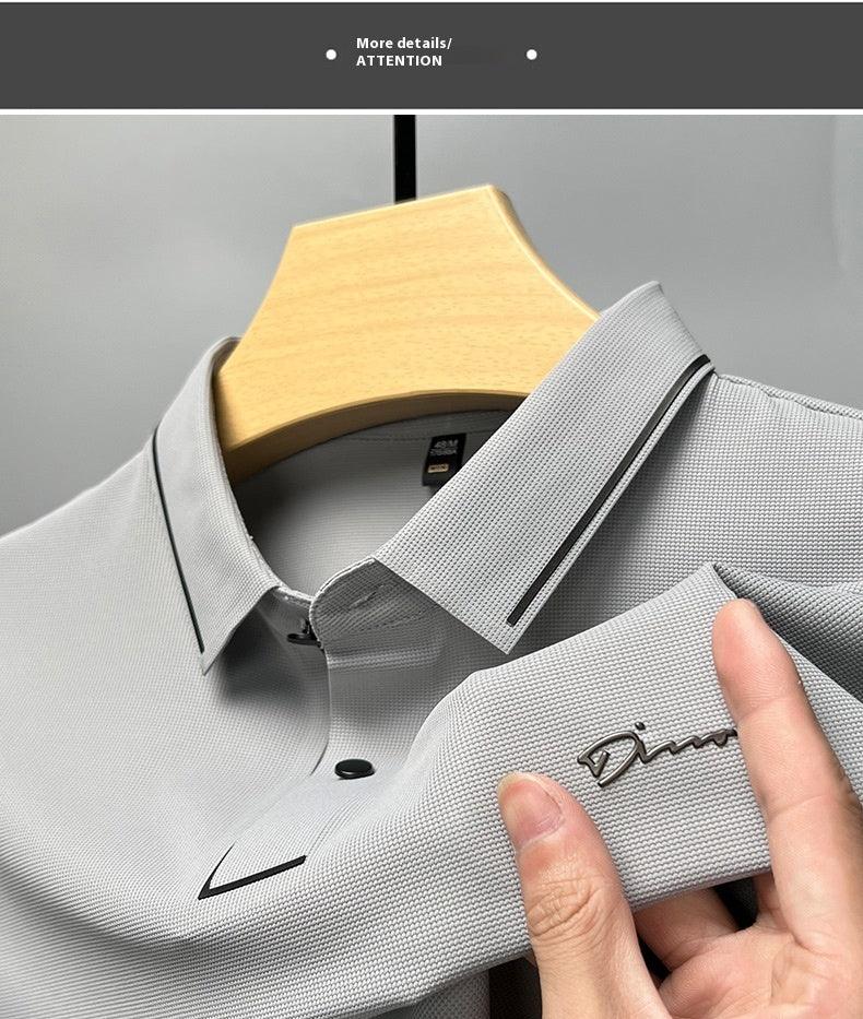 Ice Silk Short Sleeve T-shirt Men's Shirt Collar Summer Polo Shirt Loose Clothes Split - AmiraMart