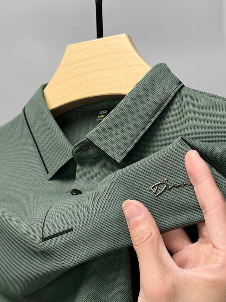 Ice Silk Short Sleeve T-shirt Men's Shirt Collar Summer Polo Shirt Loose Clothes Split - AmiraMart