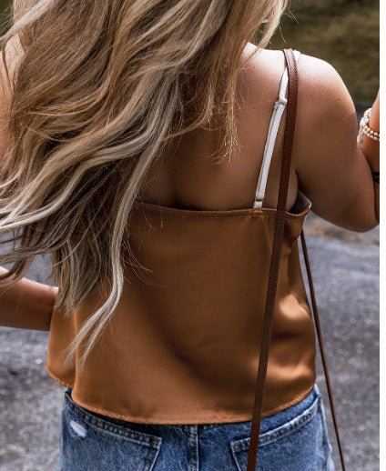 Khaki Chevron Color Block Spaghetti Straps Tank Top - AmiraMart
