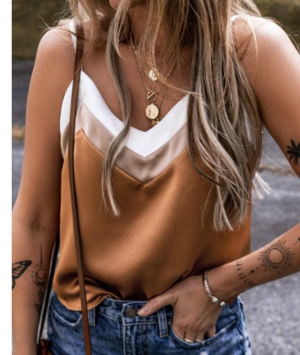 Khaki Chevron Color Block Spaghetti Straps Tank Top - AmiraMart