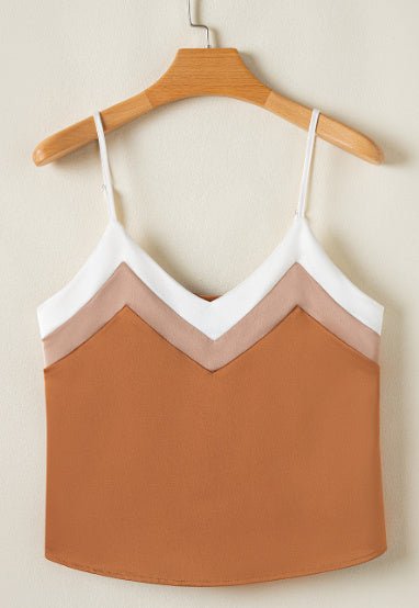 Khaki Chevron Color Block Spaghetti Straps Tank Top - AmiraMart