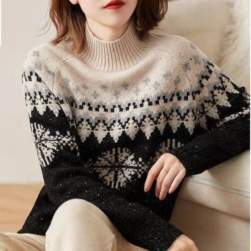 Knitted Snowflake Retro Loose Sweater - AmiraMart