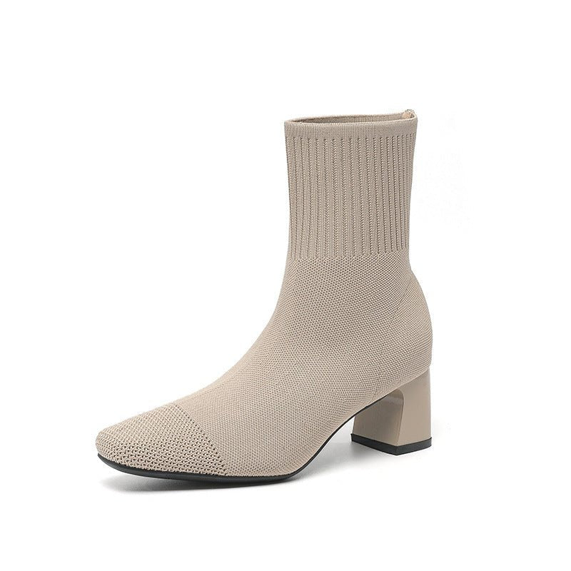 Knitted Sock Boots with Chunky Heel - Stretchy Ankle Booties - AmiraMart